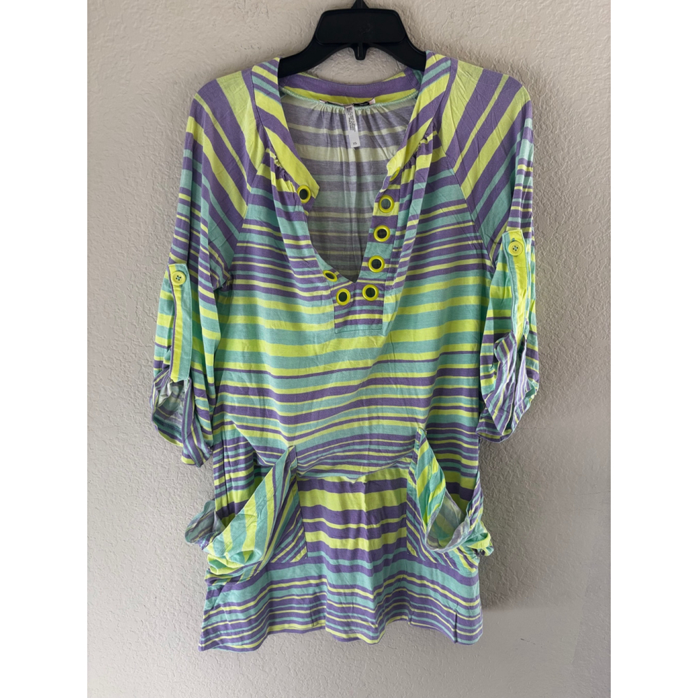Vintage Women's Nanette Lepore Swim Striped Tunic Top Purple Yellow XS